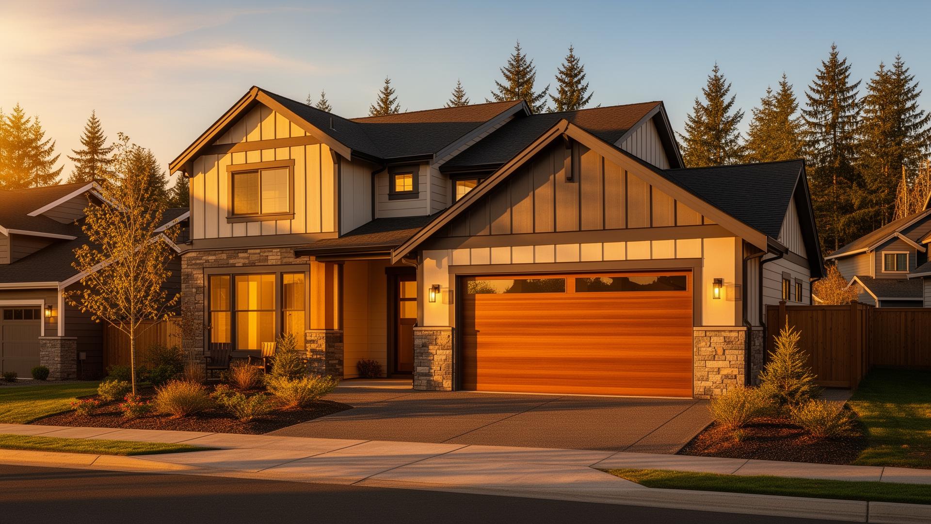 Beautiful wood garage door on modern home